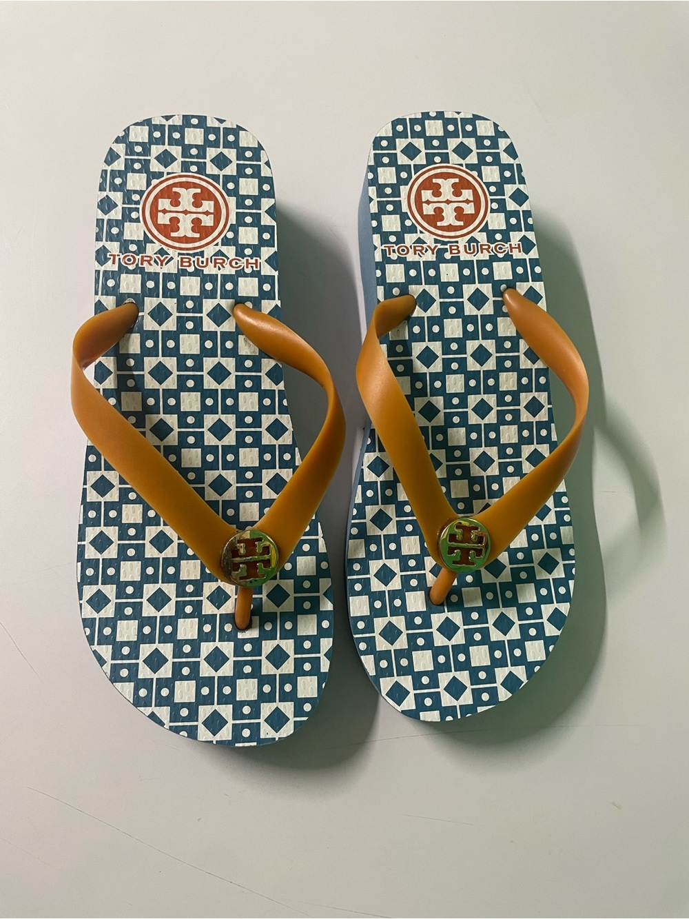 Tory Burch Blue Geometric Flip Flops with Tan Straps